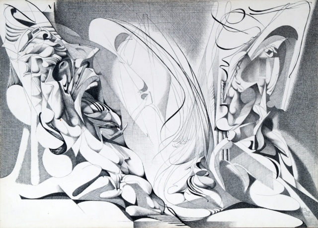 Karl Kunz, Illustration zu Dantes Inferno, 18. Gesang, Blatt 40, 1955, Tusche auf Papier, 36 x 51 cm