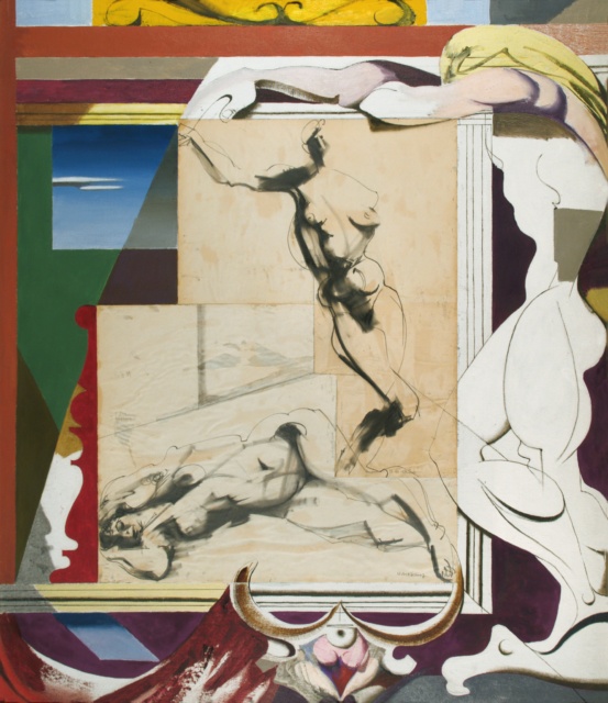 Karl Kunz, Collage mit weiblichen Akten, 1961, Öl mit Collage auf Hartfaser, 130 x 110 cm