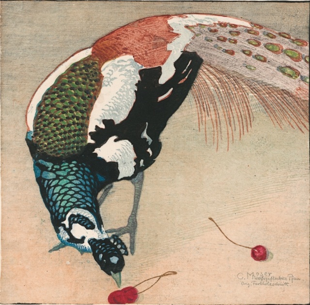 Carl Moser, Weissgefleckter Pfau, 1906, Farbholzschnitt