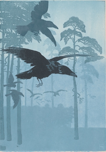 Hans Neumann, Fliegende Krähen, um 1912, Farbholzschnitt