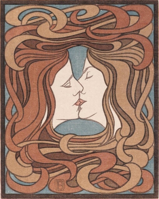 Peter Behrens, Der Kuss, 1898, Farbholzschnitt