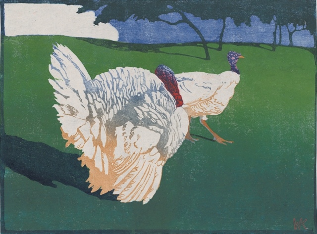 Walther Klemm, Truthühner, 1908, Farbholzschnitt
