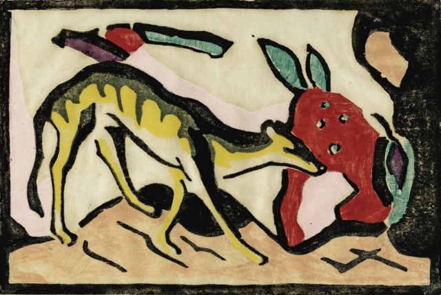 Franz Marc, Fabeltier, 1912, Holzschnitt, mit Schablone koloriert