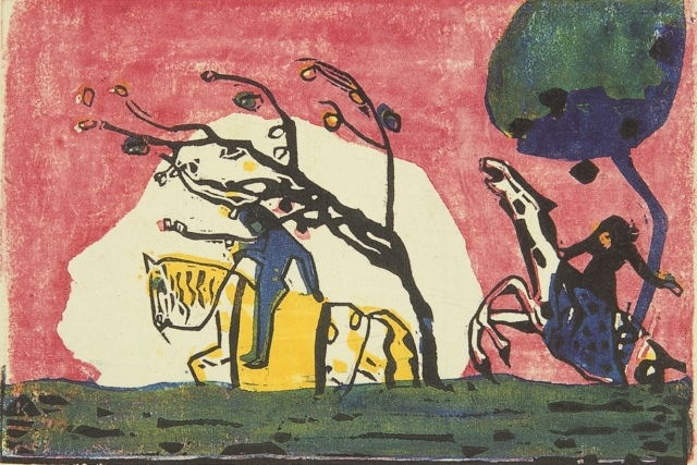 Wassily Kandinsky, Reiter vor Rot I, 1911, Farbholzschnitt