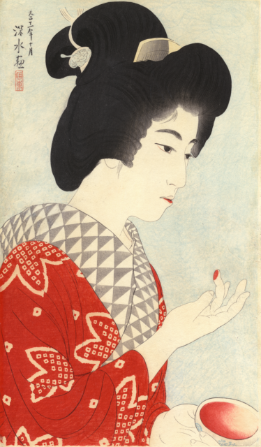 Ito Shinsui, 12 Porträts neuer Schönheiten (kuchi beni - Lippenfarbe), 1922, Farbholzschnitt
