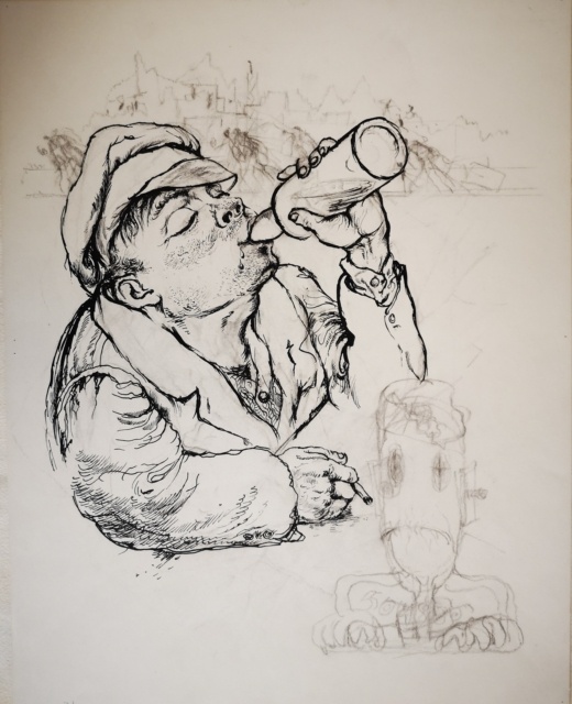 George Grosz, Wodka, 1950, Rohrfeder, Feder und Kreide, 501 x 393 mm,