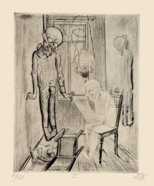 Otto Dix, Der Selbstmörder, 1922, Radierung Nr. I, aus der Mappe "Tod und Auferstehung", 346 x 275 mm,