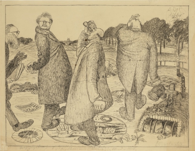 Ernst Barlach, Aus dem Kommissionsbericht der Übersichtigen, 1907, Feder über Kohle auf Zeichenpapier, 449 x 591 mm,