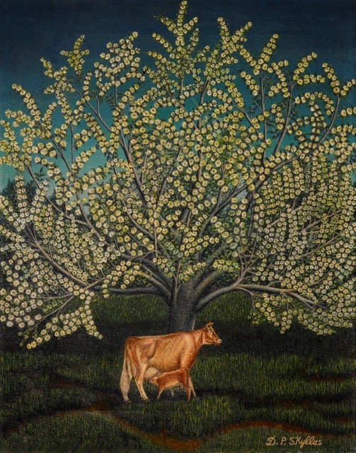 Drossos Skyllas, Ohne Titel (Tree of Life with cow and calf), um 1950, Öl auf Leinwand, 36 x 46 cm,