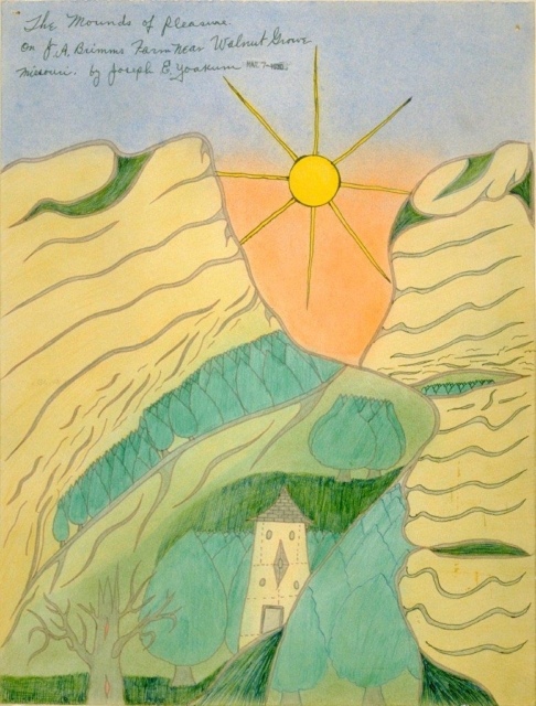 Joseph Yoakum, The Mounds of Pleasure/on JA Brimms Farm Near Walnut Grove, 1970, Tusche und Pastell auf Papier, 39 x 30 cm,