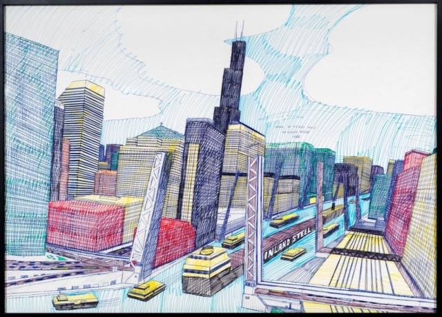 Wesley Willis, The Chicago Skyline, Sears Tower, Chicago River (...), 1986, Kugelschreiber und Filzstift auf Karton, 71 x 99 cm,