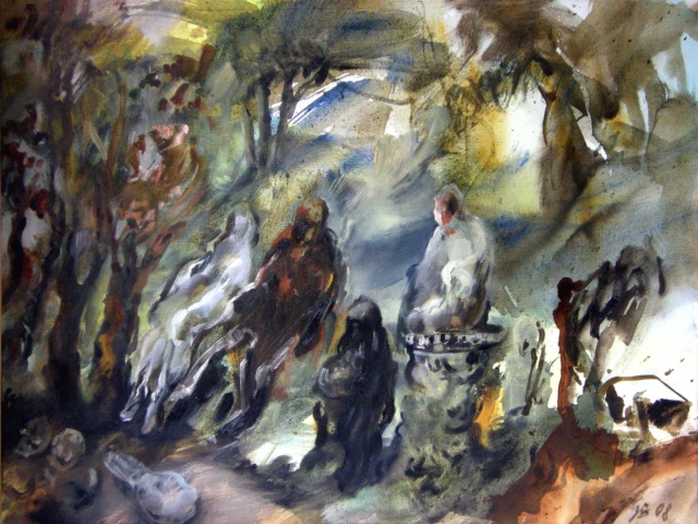 Anja Güthoff, Spaziergang im Park, 2008, Mischtechnik auf Leinwand, 60 x 80 cm,
