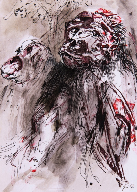 Anja Güthoff, Zu zweit (Serie 2/4), 2012, Federzeichnung, 29 x 21 cm,