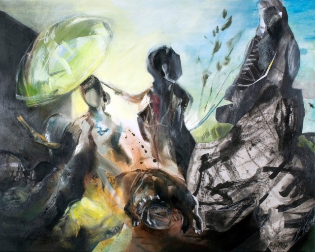 Anja Güthoff, Der Sonnenschirm (nach Goya), 2006, Mischtechnik und Collage auf Leinwand, 80 x 100 cm,