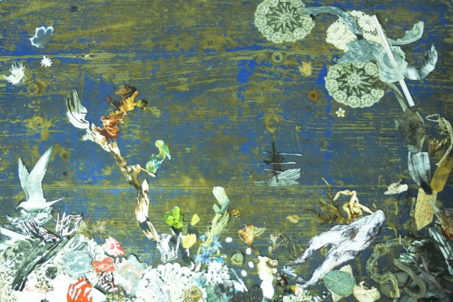 Anja Güthoff, Am Strand, 2018, Collage auf Holz, 65 x 100 cm,