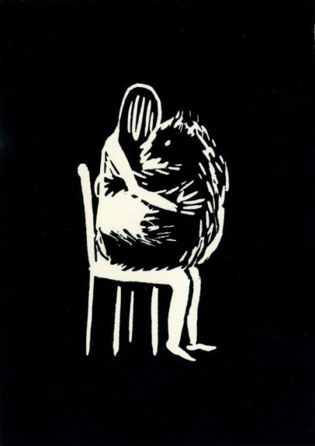 Youjin Yi, Fechtenmaske (schwarz), Linoldruck, 2019