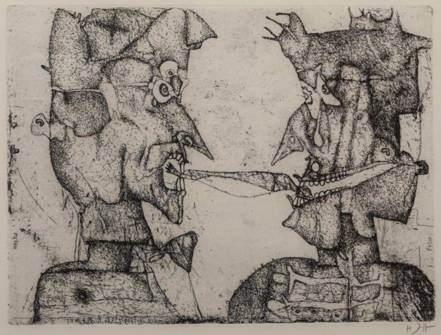 Horst Janssen, o.T. (Klee und Ensor um einen Bückling streitend), 1961, Kupferstich und Radierung, 29,7 x 39,6 cm,