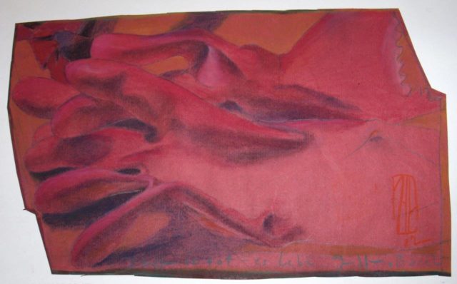 Horst Janssen, O.T. (Rote Gummihandschuhe), 1982, Pastellkreide auf rotem Papier, 24,5 x 41,5 cm,