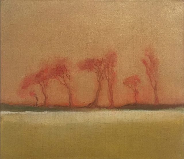 Leiko Ikemura, Red Trees, 2008/19, Öl auf Jute, 70 x 80 cm,