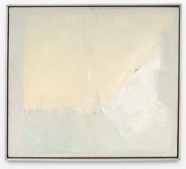 Rudi Tröger, Ohne Titel (landschaftlich, Winterdächer), um 1970, Öl auf Leinwand, 46,5 x 52,6 cm,