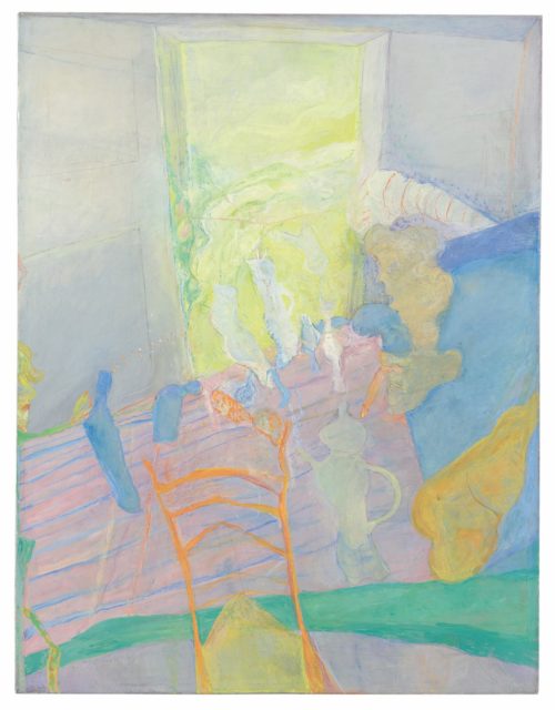 Rudi Tröger, Ohne Titel (figürlich, Innenraum), 1968, Tempera und Kreide auf Leinwand 94,5 x 73,4 cm,