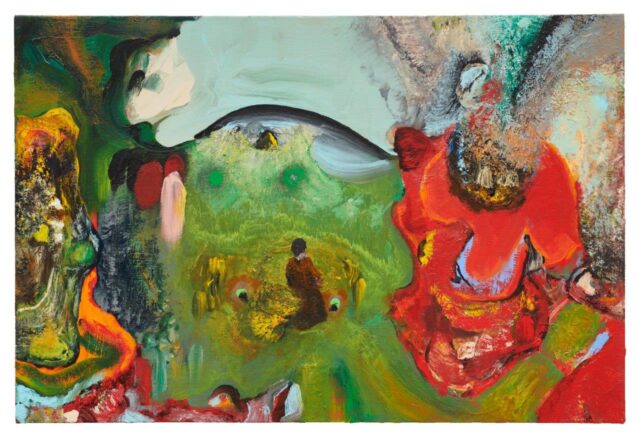 Jorge Queiroz, Land of a figure, 2023, Acryl auf Leinwand, 52 x 78 cm,